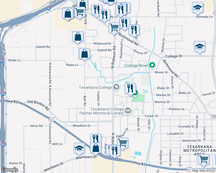 map of restaurants, bars, coffee shops, grocery stores, and more near 2631 North Robison Road in Texarkana