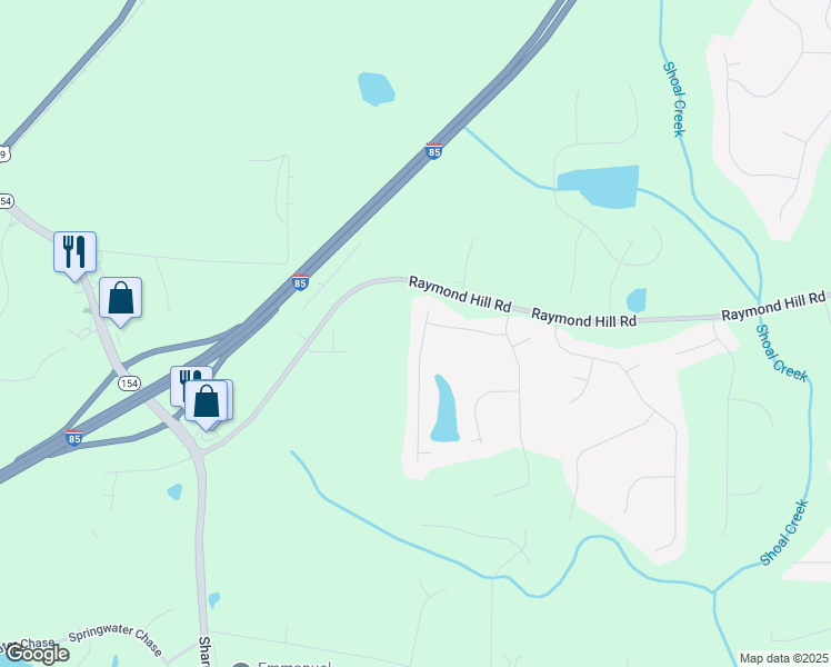 map of restaurants, bars, coffee shops, grocery stores, and more near 45 Emerald Drive in Newnan