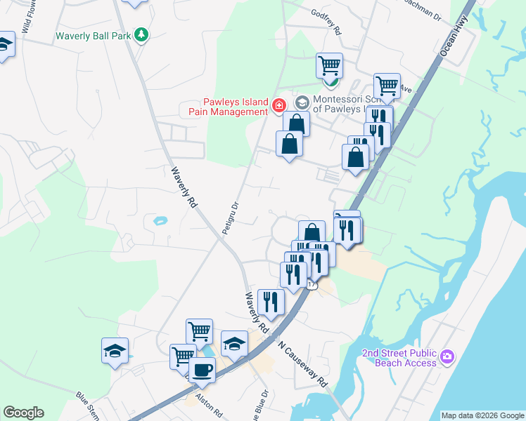 map of restaurants, bars, coffee shops, grocery stores, and more near 54 Rapture Court in Pawleys Island