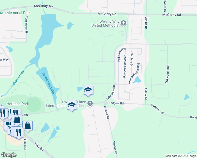 map of restaurants, bars, coffee shops, grocery stores, and more near 525 Elkwood Lane in McDonough