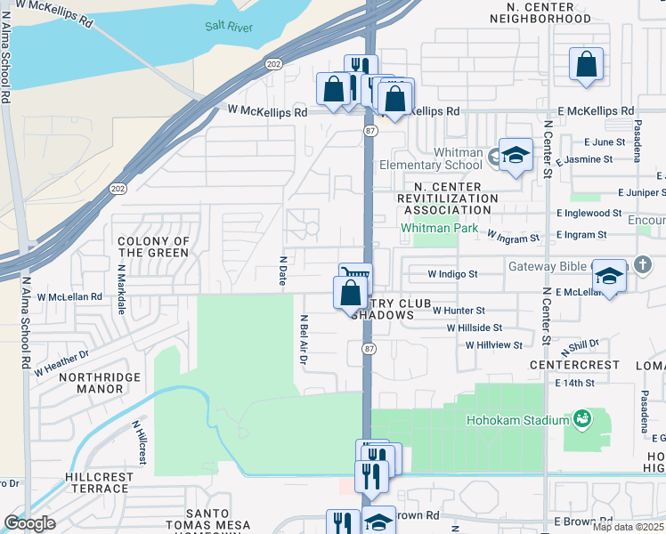 map of restaurants, bars, coffee shops, grocery stores, and more near 465 West Ivyglen Street in Mesa
