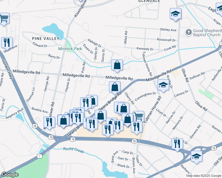 map of restaurants, bars, coffee shops, grocery stores, and more near 2526 Milledgeville Road in Augusta