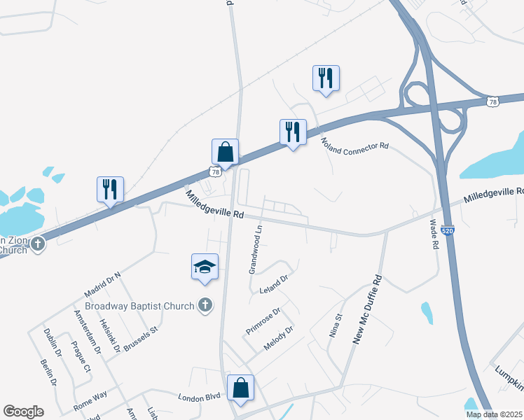 map of restaurants, bars, coffee shops, grocery stores, and more near 3565-3575 Milledgeville Road in Augusta