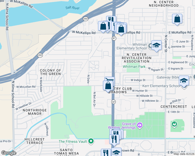 map of restaurants, bars, coffee shops, grocery stores, and more near 465 West Ivyglen Street in Mesa