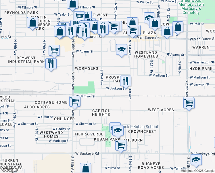 map of restaurants, bars, coffee shops, grocery stores, and more near 3223 West Madison Street in Phoenix