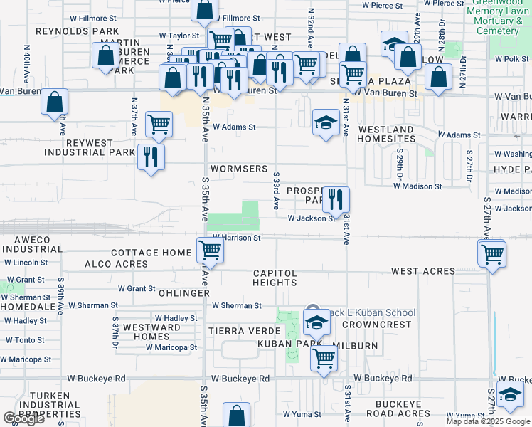 map of restaurants, bars, coffee shops, grocery stores, and more near 3309 West Madison Street in Phoenix