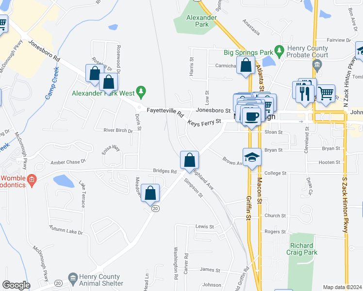 map of restaurants, bars, coffee shops, grocery stores, and more near 230 Toby Springs Lane in McDonough