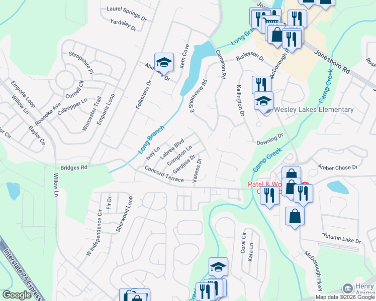 map of restaurants, bars, coffee shops, grocery stores, and more near 660 Compton Lane in McDonough