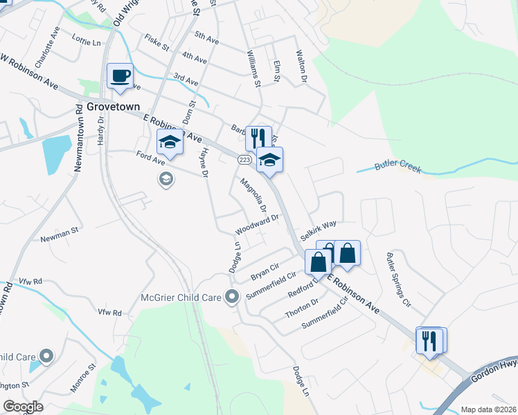 map of restaurants, bars, coffee shops, grocery stores, and more near 112 Magnolia Drive in Grovetown
