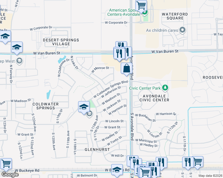 map of restaurants, bars, coffee shops, grocery stores, and more near 11625 West Washington Street in Avondale