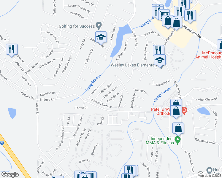 map of restaurants, bars, coffee shops, grocery stores, and more near 685 Compton Lane in McDonough