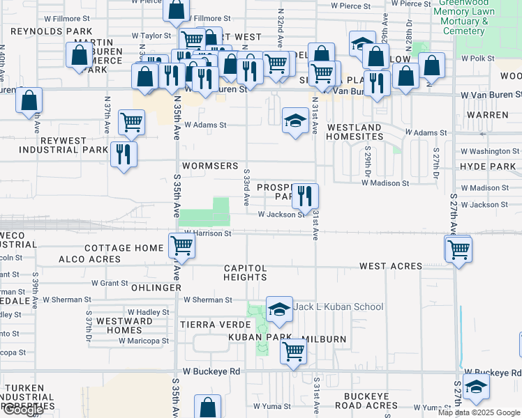 map of restaurants, bars, coffee shops, grocery stores, and more near 3223 West Madison Street in Phoenix
