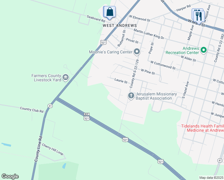 map of restaurants, bars, coffee shops, grocery stores, and more near 123 James Drive in Andrews