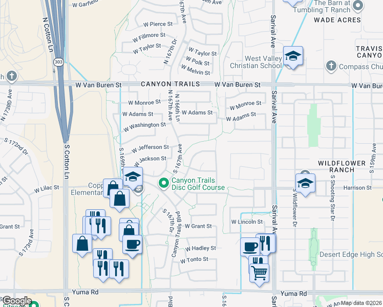map of restaurants, bars, coffee shops, grocery stores, and more near 16600 West Madison Street in Goodyear