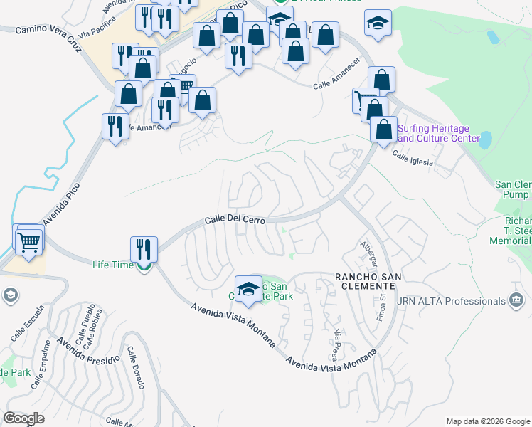 map of restaurants, bars, coffee shops, grocery stores, and more near 1040 Calle Del Cerro in San Clemente