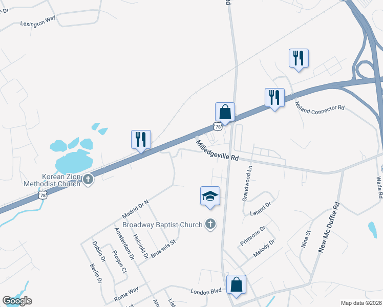 map of restaurants, bars, coffee shops, grocery stores, and more near 3620 Madrid Drive in Augusta