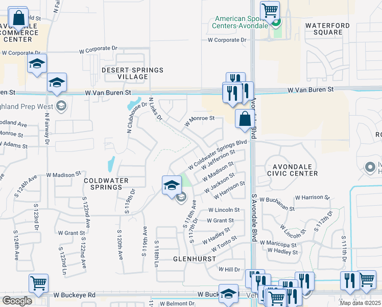 map of restaurants, bars, coffee shops, grocery stores, and more near 118 North 118th Avenue in Avondale