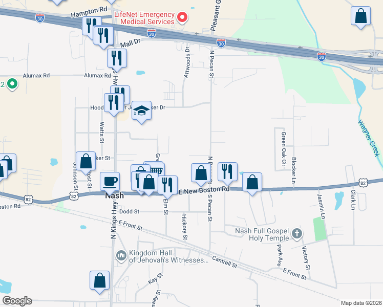 map of restaurants, bars, coffee shops, grocery stores, and more near Garrett Lane in Nash