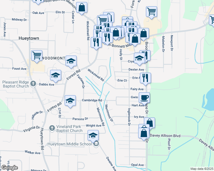 map of restaurants, bars, coffee shops, grocery stores, and more near 400 Wickstead Road in Hueytown