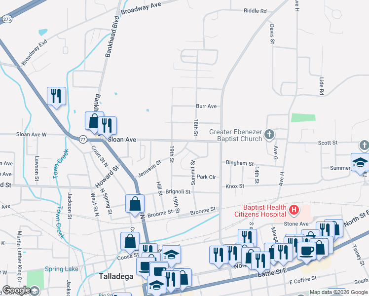 map of restaurants, bars, coffee shops, grocery stores, and more near 309 Sloan Avenue in Talladega