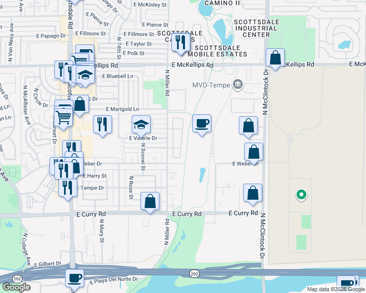 map of restaurants, bars, coffee shops, grocery stores, and more near 1427 North Oak Street in Tempe