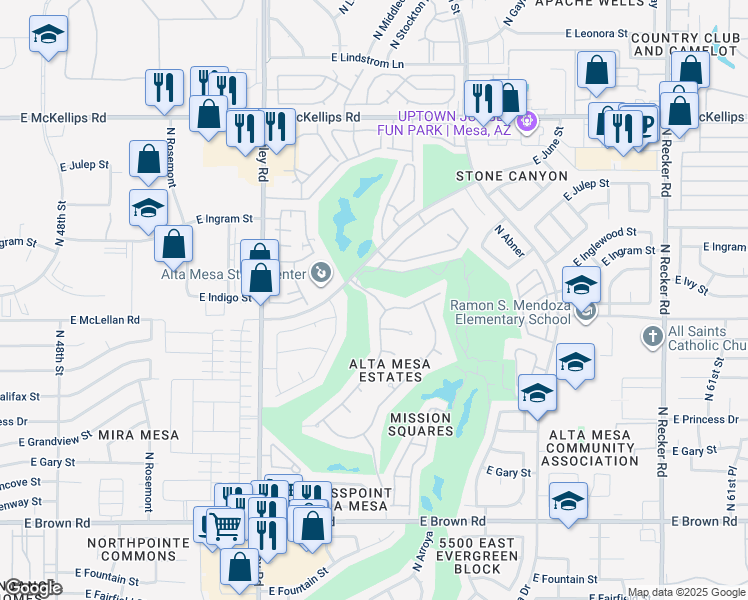 map of restaurants, bars, coffee shops, grocery stores, and more near 5345 East McLellan Road in Mesa