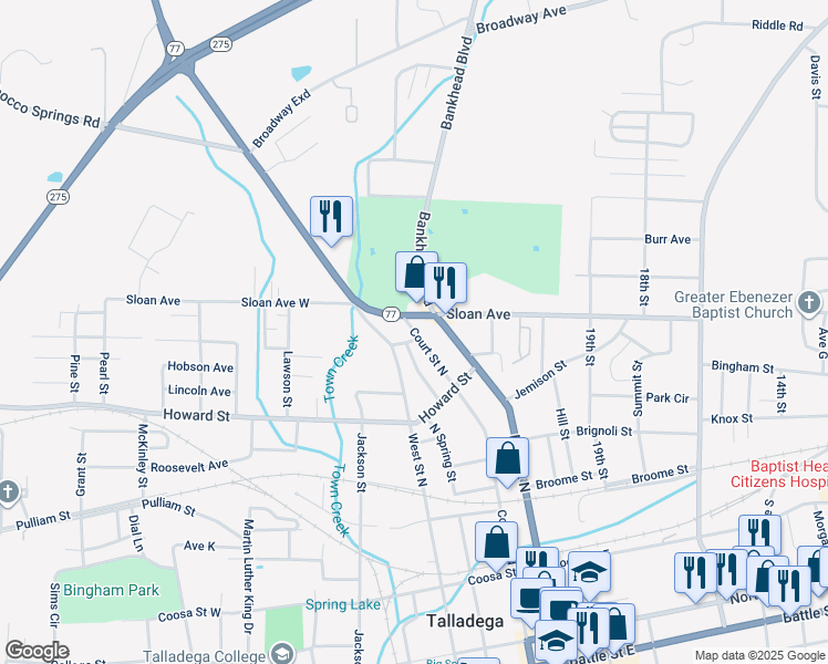 map of restaurants, bars, coffee shops, grocery stores, and more near 64940 Alabama 77 in Talladega