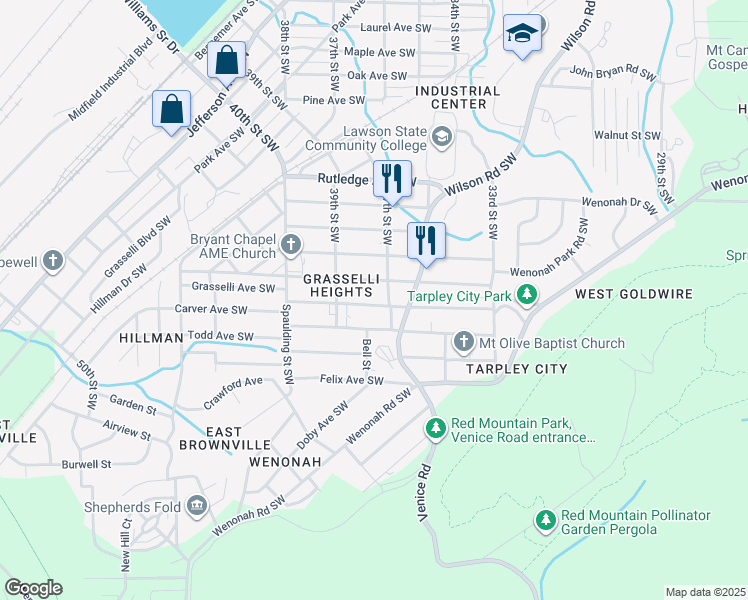 map of restaurants, bars, coffee shops, grocery stores, and more near 3712 Carver Avenue Southwest in Birmingham