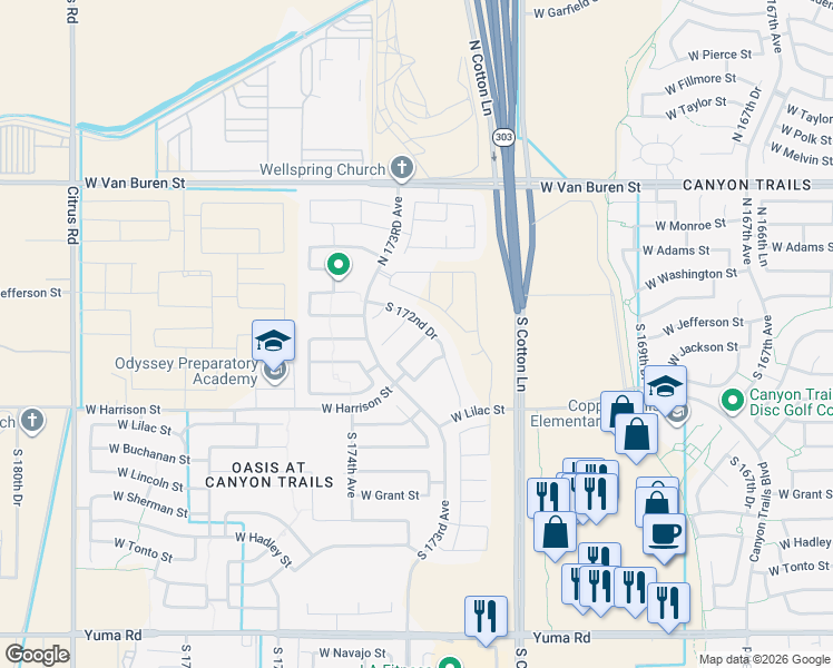 map of restaurants, bars, coffee shops, grocery stores, and more near 17262 West Morning Glory Street in Goodyear