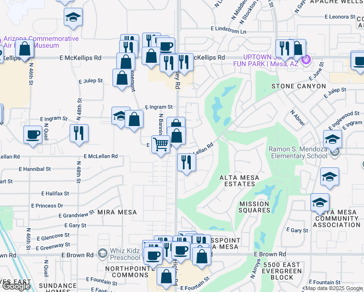 map of restaurants, bars, coffee shops, grocery stores, and more near 1627 North Seton in Mesa