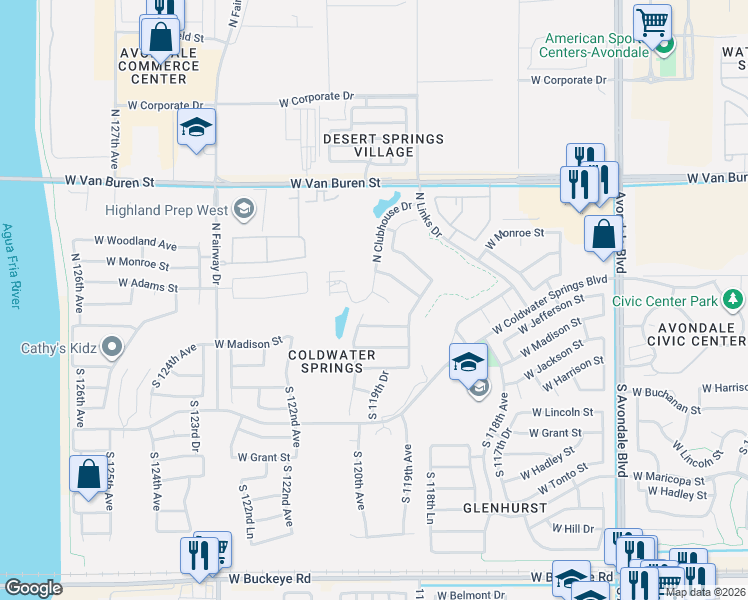 map of restaurants, bars, coffee shops, grocery stores, and more near 11917 West Washington Street in Avondale