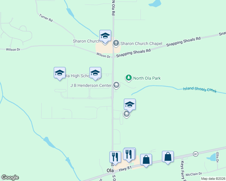 map of restaurants, bars, coffee shops, grocery stores, and more near 365-391 North Ola Road in McDonough