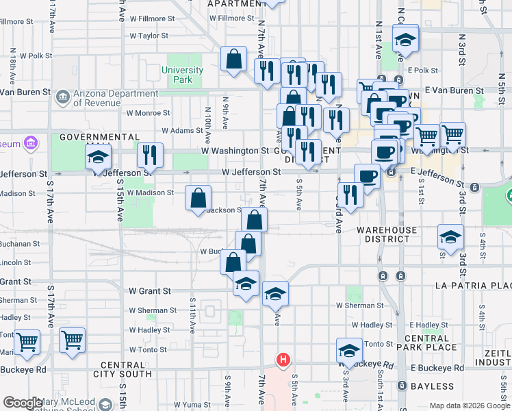 map of restaurants, bars, coffee shops, grocery stores, and more near 214 South 7th Avenue in Phoenix