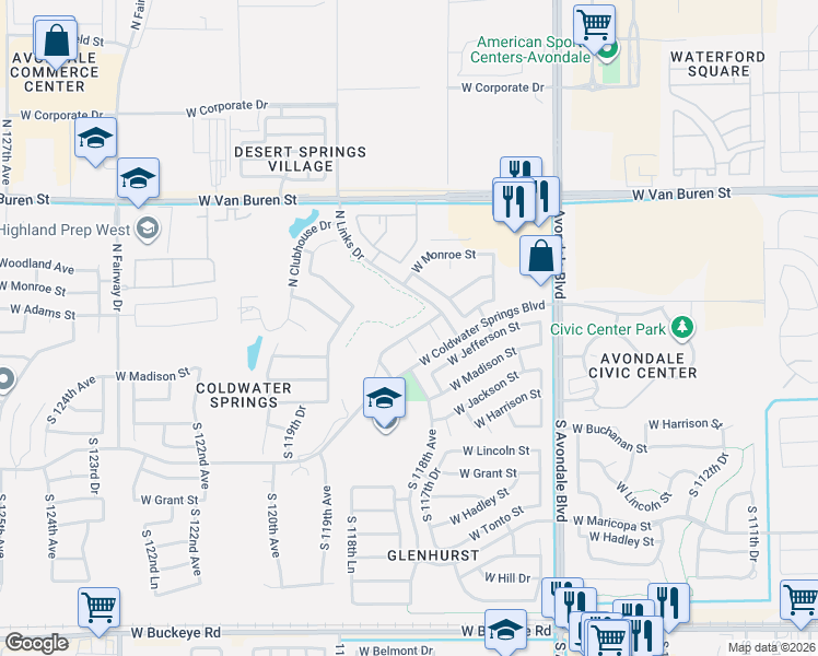 map of restaurants, bars, coffee shops, grocery stores, and more near 11826 West Washington Street in Avondale