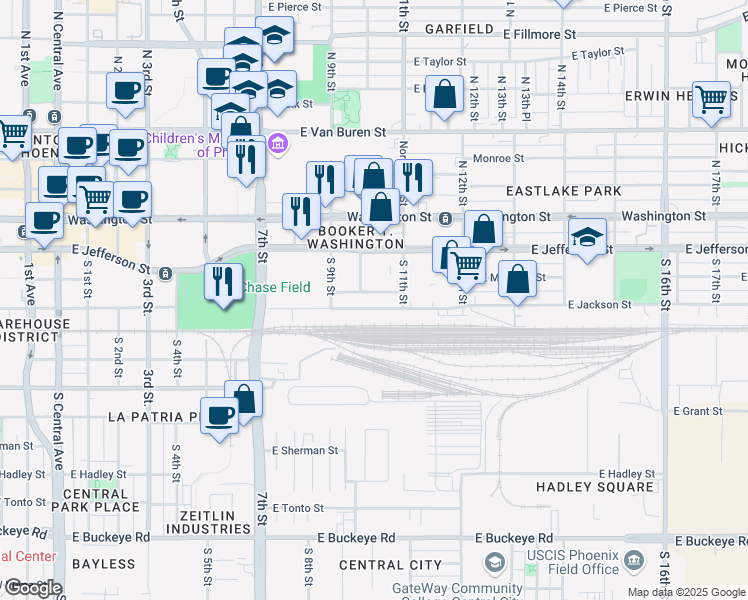 map of restaurants, bars, coffee shops, grocery stores, and more near 1003 E Madison St in Phoenix