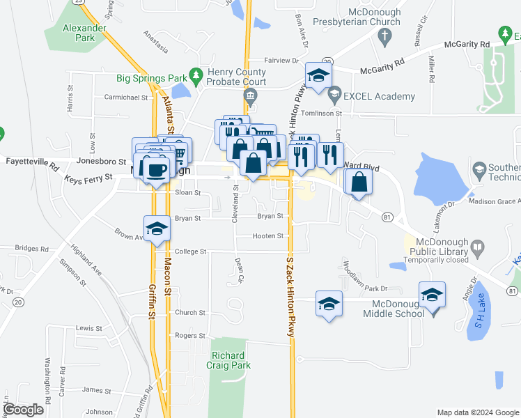 map of restaurants, bars, coffee shops, grocery stores, and more near 200 Amy Lane in McDonough