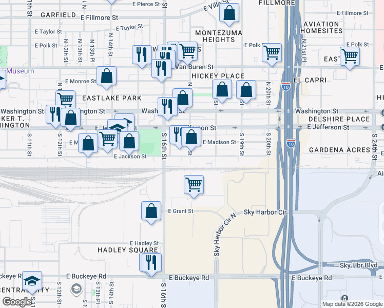 map of restaurants, bars, coffee shops, grocery stores, and more near 1702 East Jackson Street in Phoenix