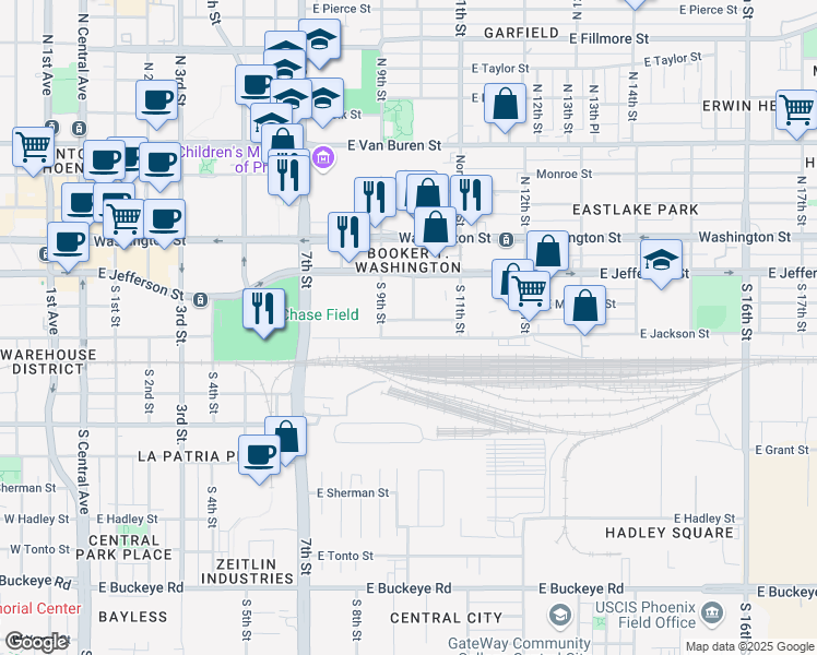 map of restaurants, bars, coffee shops, grocery stores, and more near 1003 East Madison Street in Phoenix