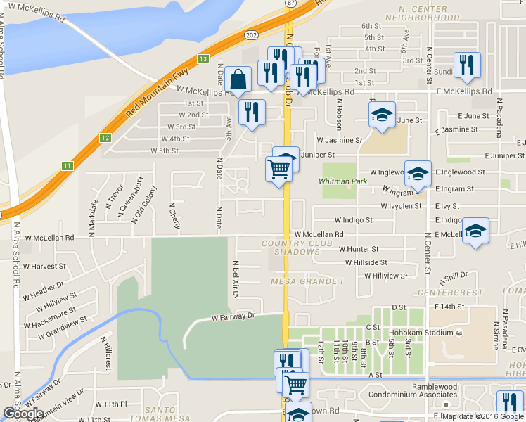 map of restaurants, bars, coffee shops, grocery stores, and more near North Ivyglen Townhomes in Mesa