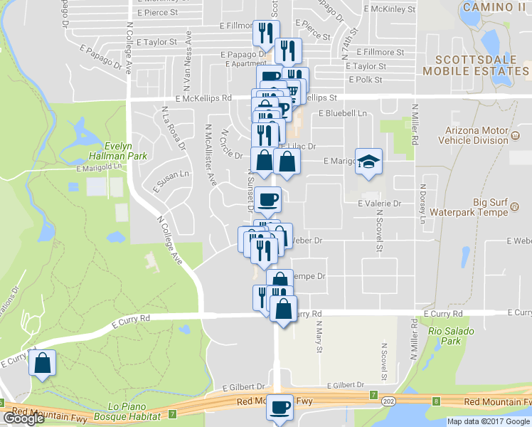 map of restaurants, bars, coffee shops, grocery stores, and more near 1444 North Scottsdale Road in Tempe