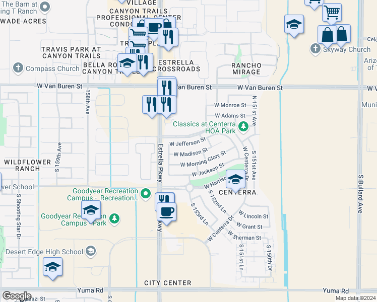 map of restaurants, bars, coffee shops, grocery stores, and more near 15388 West Madison Street in Goodyear