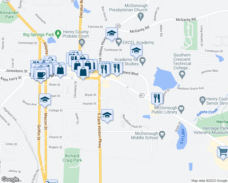 map of restaurants, bars, coffee shops, grocery stores, and more near 83 Morgan Drive in McDonough