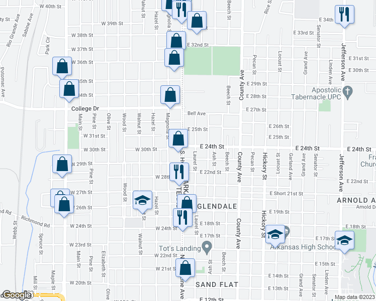 map of restaurants, bars, coffee shops, grocery stores, and more near 2324 North State Line Avenue in Texarkana