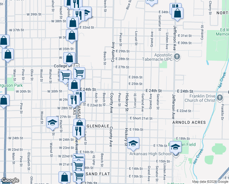 map of restaurants, bars, coffee shops, grocery stores, and more near 502 East 24th Street in Texarkana