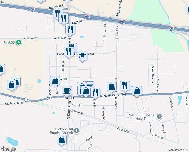 map of restaurants, bars, coffee shops, grocery stores, and more near 115 Greenforest Trail in Nash