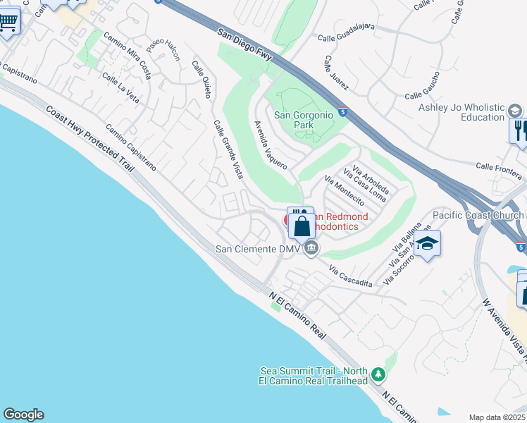 map of restaurants, bars, coffee shops, grocery stores, and more near 2918 Camino Capistrano in San Clemente
