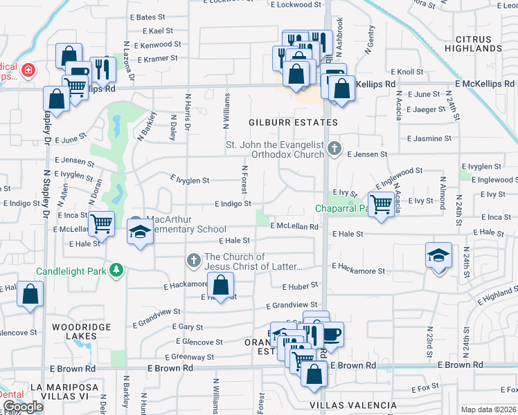 map of restaurants, bars, coffee shops, grocery stores, and more near 1805 East Indigo Street in Mesa