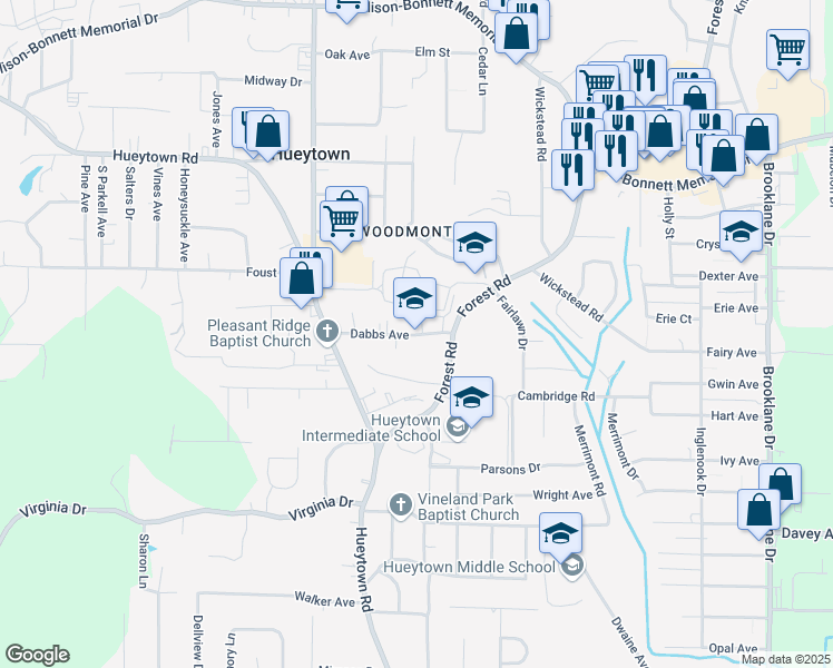 map of restaurants, bars, coffee shops, grocery stores, and more near 131 Dabbs Avenue in Hueytown
