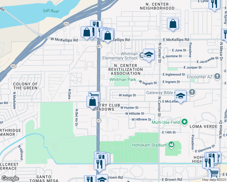 map of restaurants, bars, coffee shops, grocery stores, and more near 247 West Ivyglen Street in Mesa