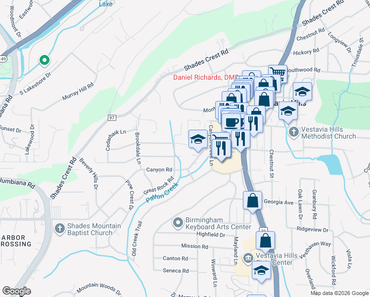 map of restaurants, bars, coffee shops, grocery stores, and more near 1857 Catala Road in Vestavia Hills
